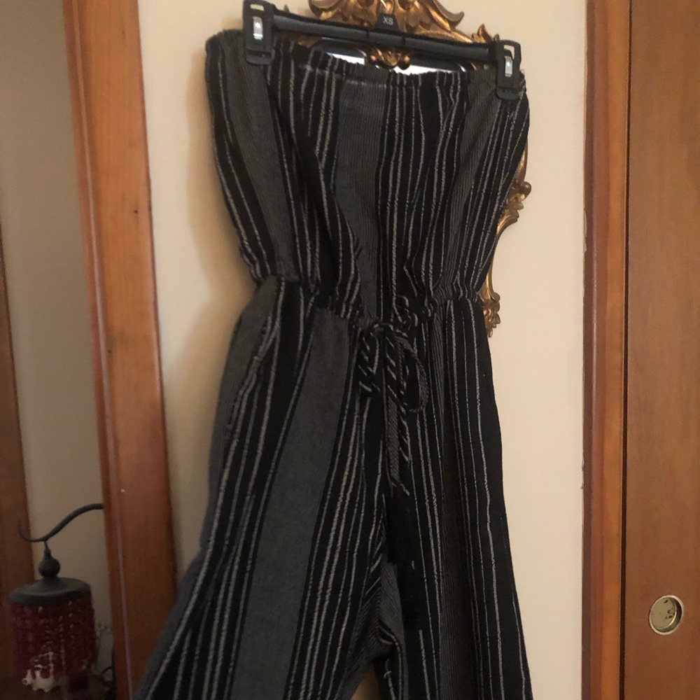 1/2 Price Navy Blue Striped Tube Top Jumpsuit